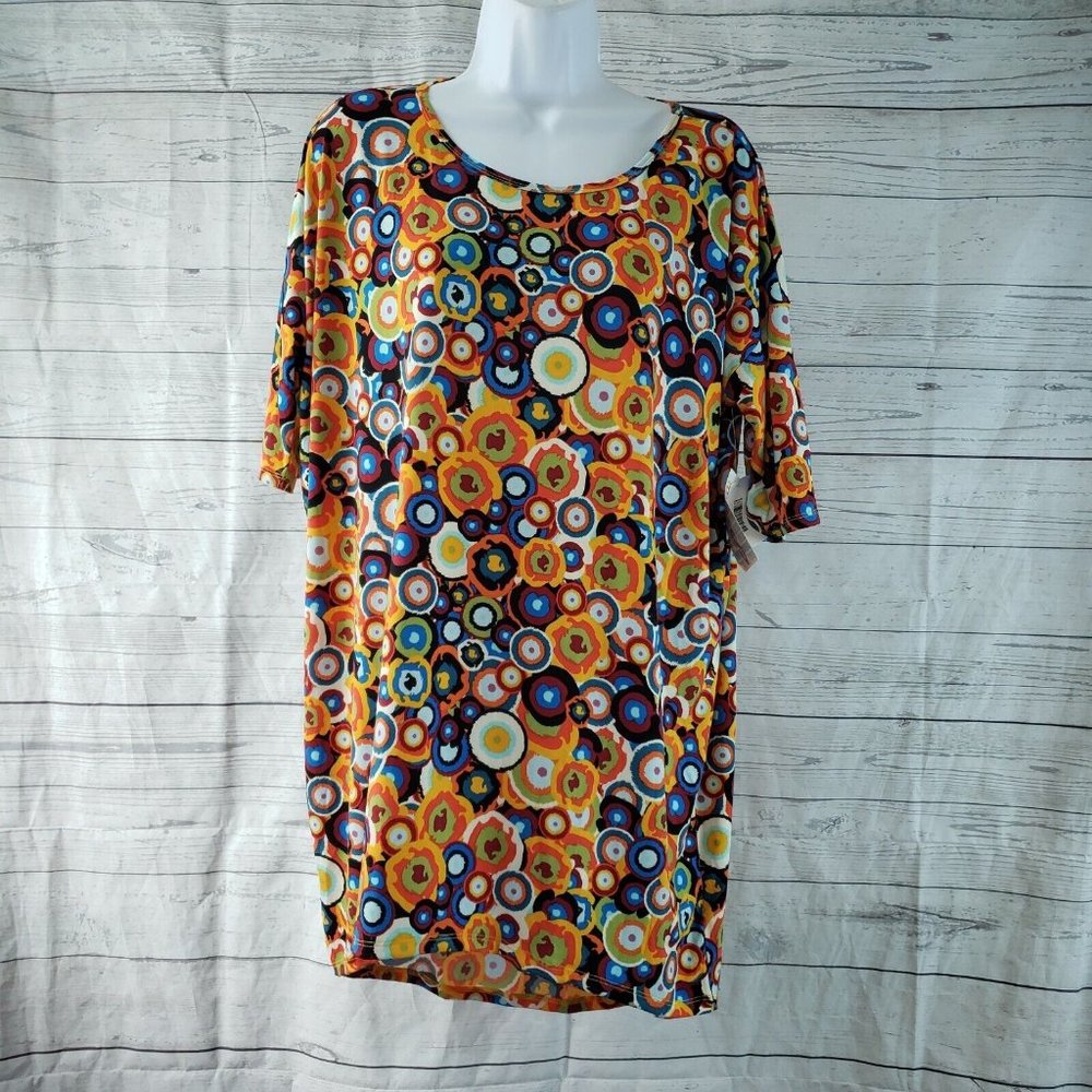 LuLaRoe Womens Irma‎ Top Sz Small Orange Blue Circles Short Sleeve
